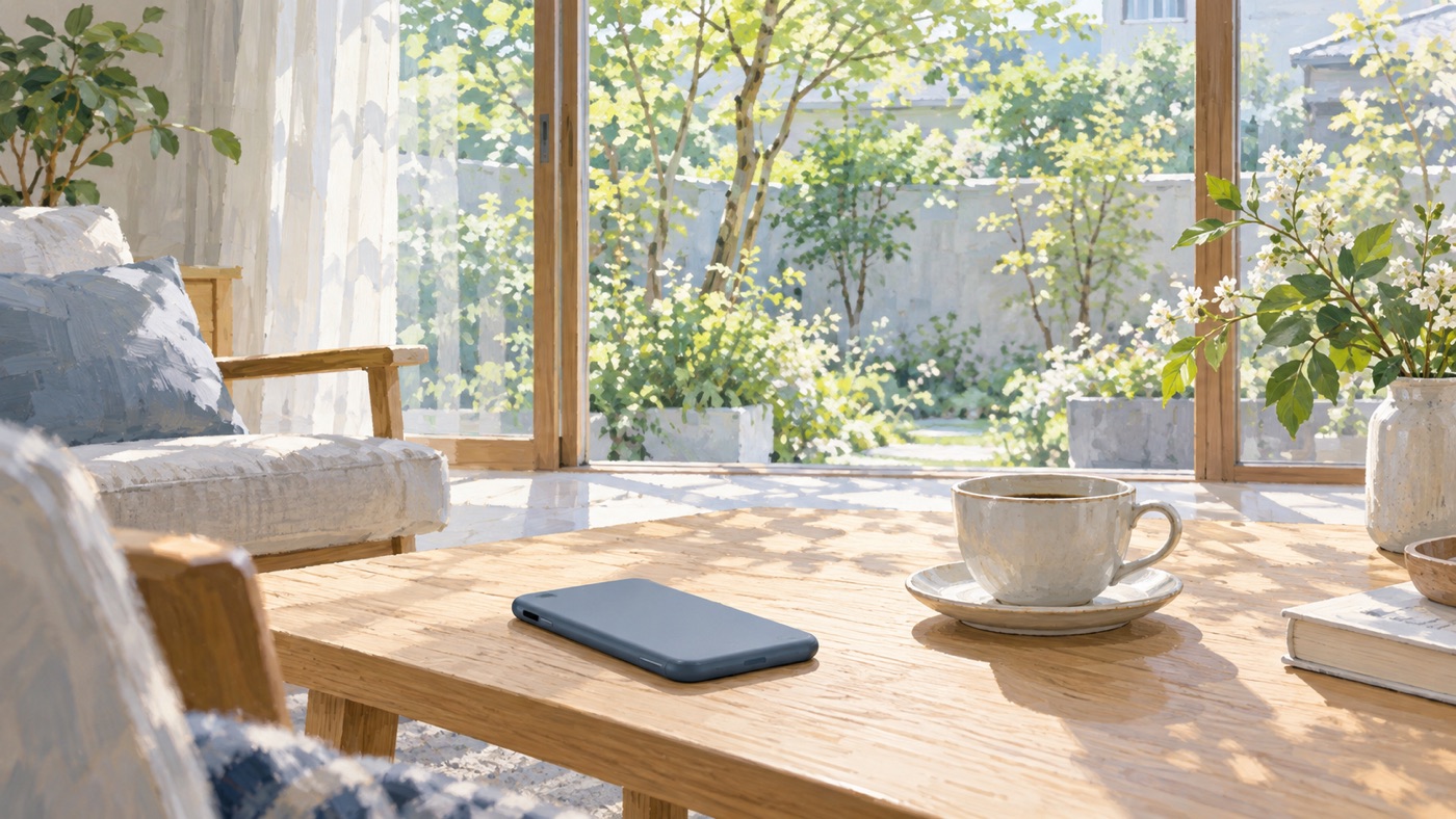 朝の光が差す窓辺のテーブルに、伏せたスマートフォンとコーヒーカップを置いたイメージイラスト
