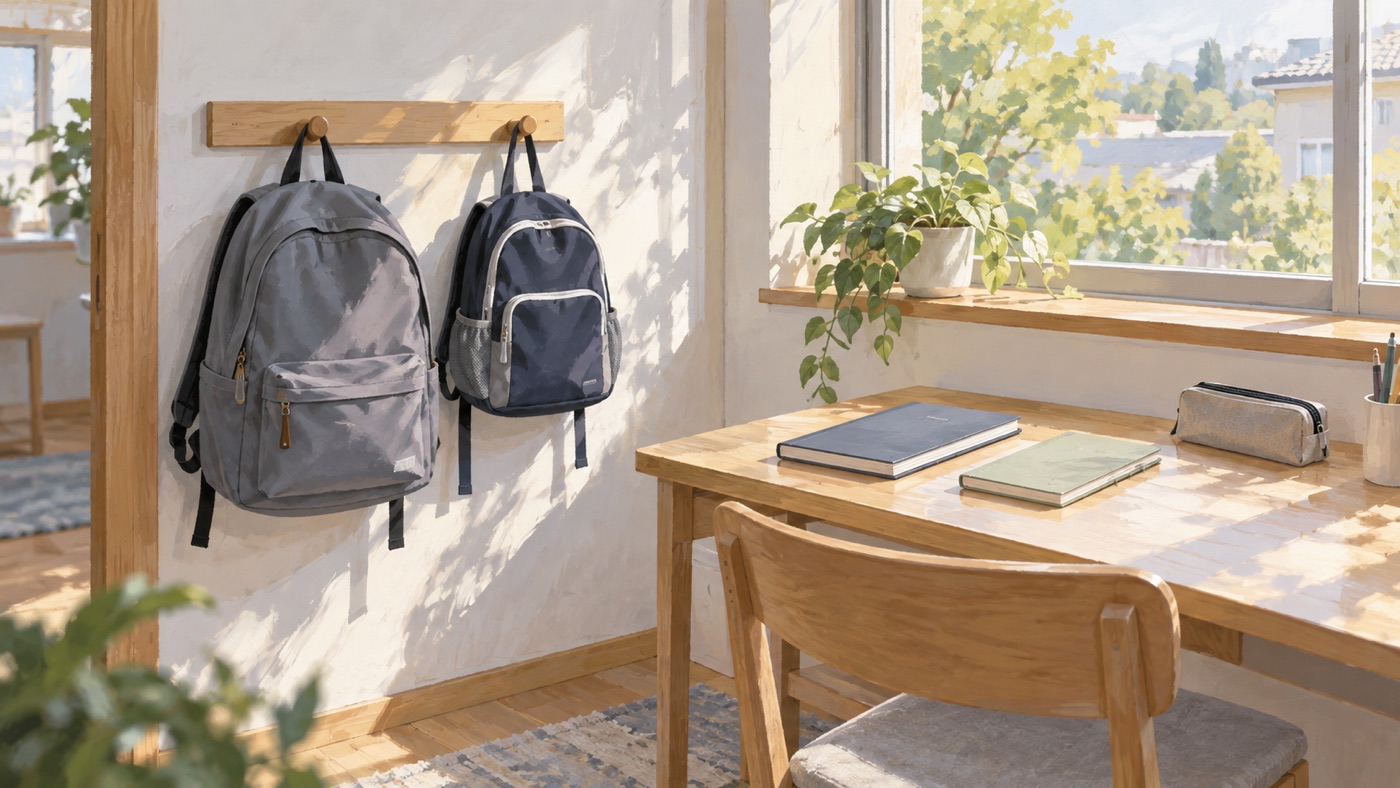 大小二つの通学用バッグとノートを置いた学習スペースのイメージイラスト